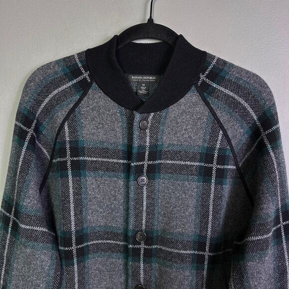 Banana Republic sweater jacket men’s medium plaid bomber Italian modern swacket - Picture 4 of 11